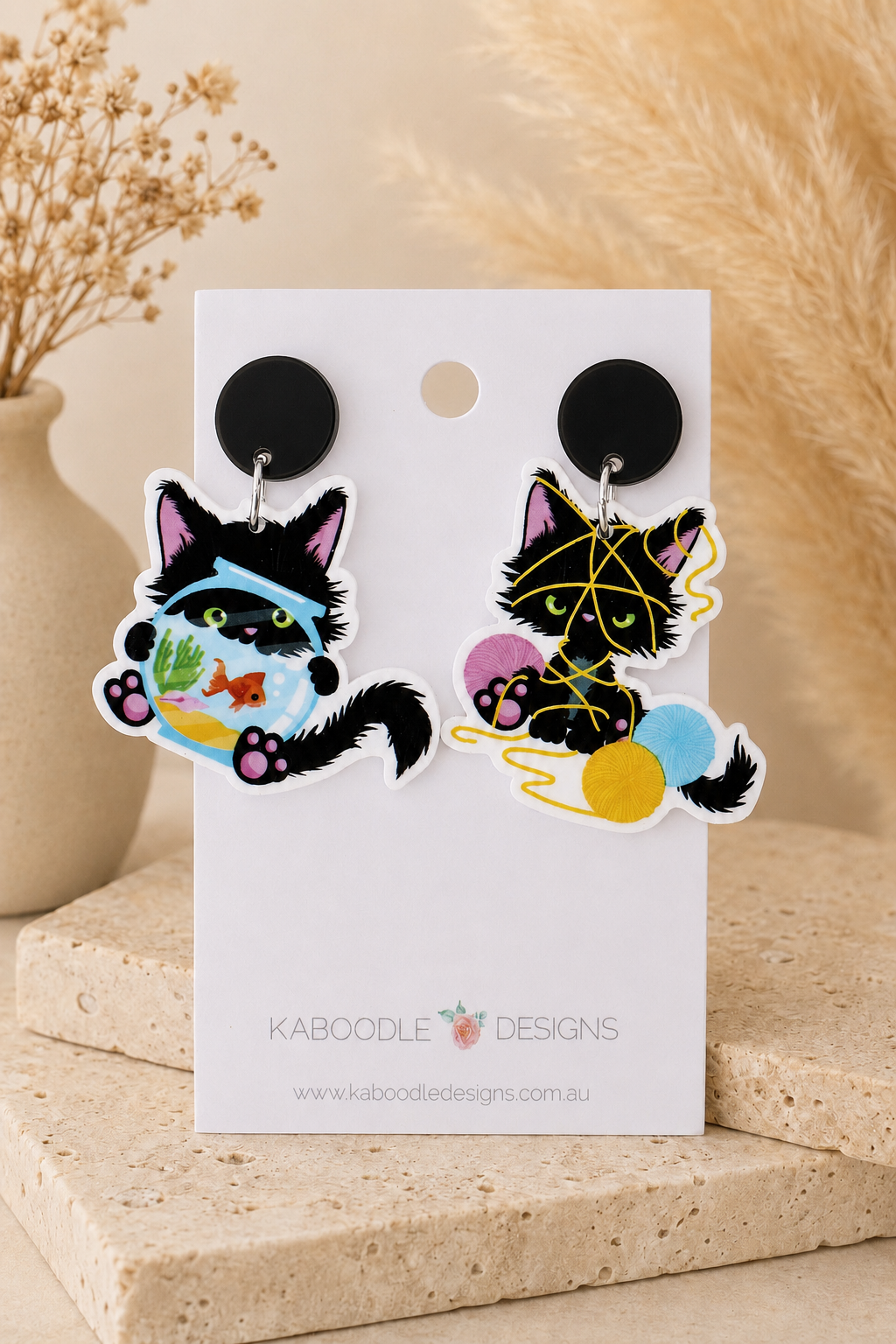 Cat Kitten in Goldfish Bowl Earrings -  Wool Yarn Drop Dangles
