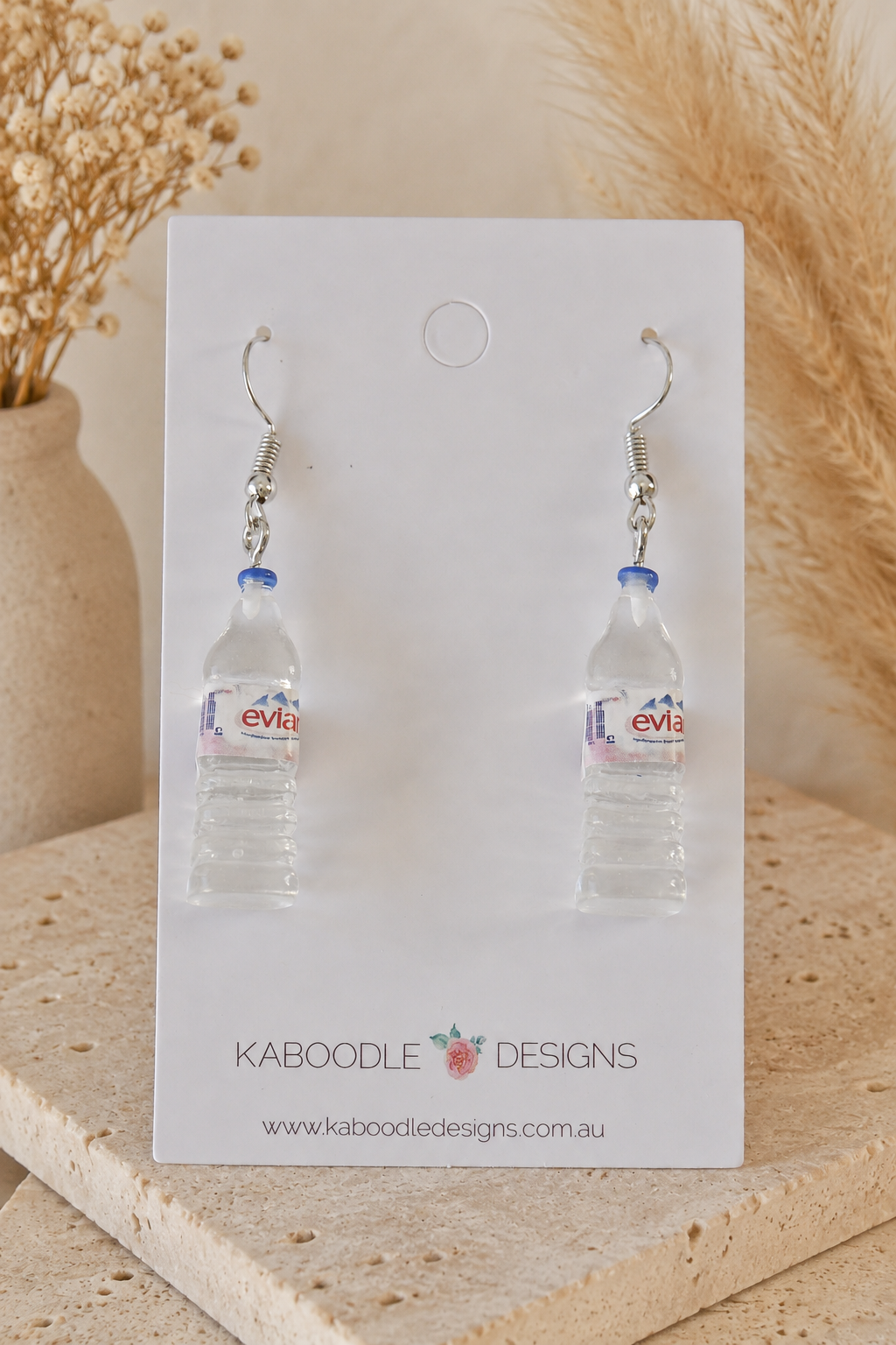 Evian Water Bottle Earrings - Novelty Dangle Drops