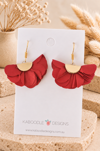 Fabric Fan Flower Earrings - Red Boho Cloth Drops