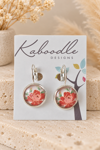 Handmade Red Flower Earrings - Round Clip Dangles