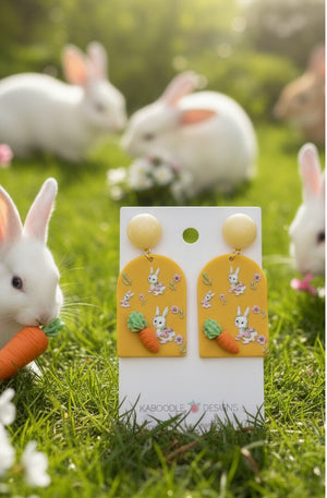 Geometric Mustard Rabbit Bunny Carrot Statement Drop Dangle Earrings