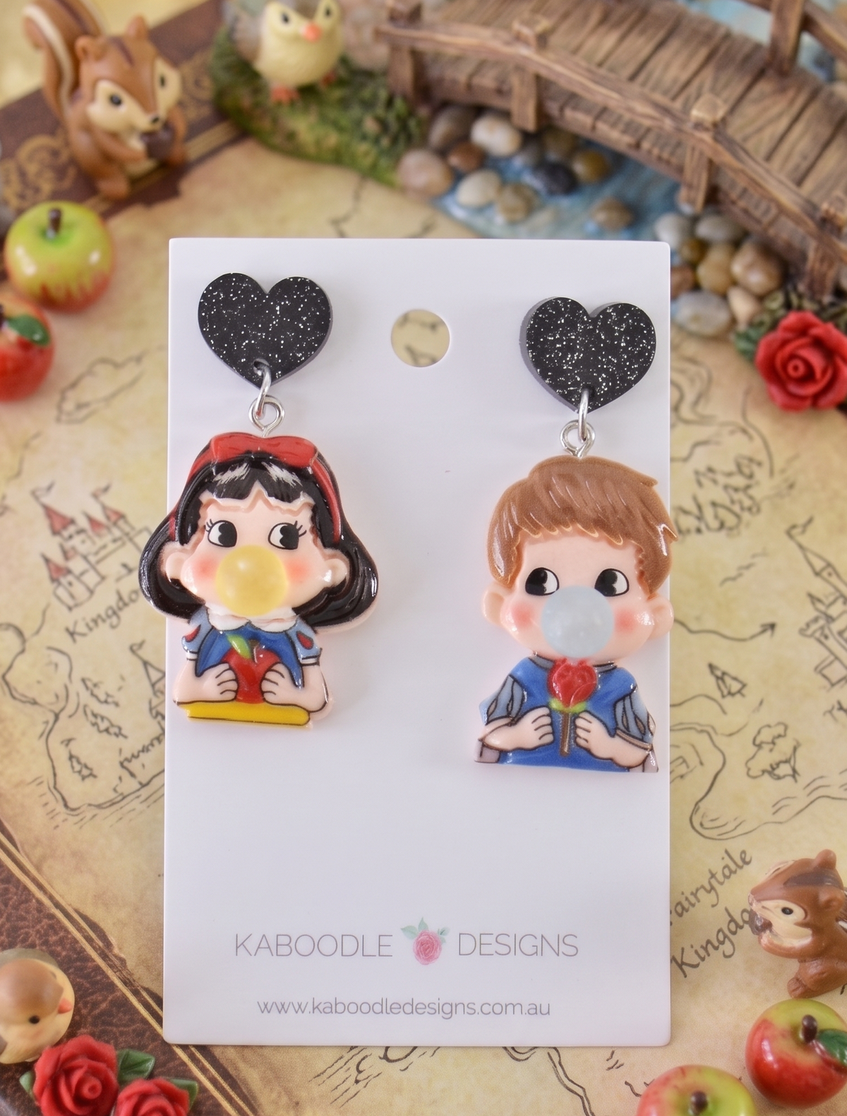 Snow White and Prince Charming Earrings - Bubblegum Fairytale Dangle Drops