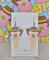 Polymer clay Bubble O Bill ice cream earrings on a white Kaboodle Designs card