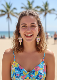Woman wearing Bubble O Bill ice cream drop earrings at the beach