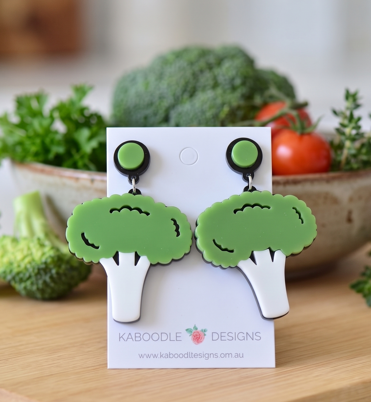 Acrylic Perspex Green Broccoli Vegetable Drop Dangle Earrings