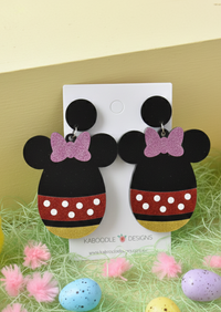 Acrylic Easter egg drop earrings with mouse ears and pink glitter bow on card
