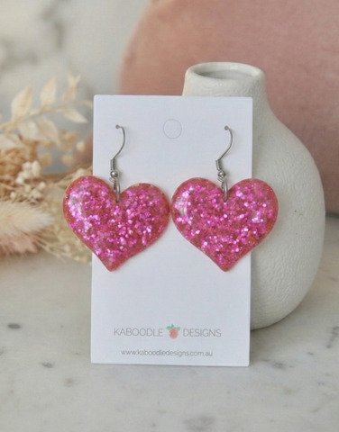 Acrylic Perspex Rainbow Glitter Heart Drop Earrings - Barbie Glitter Hot Pink