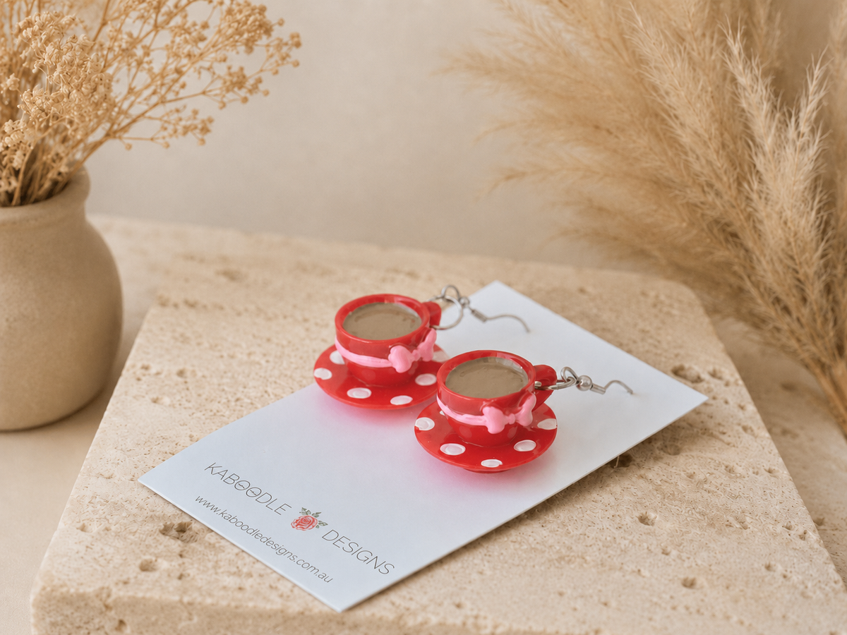 Teacup Earrings - Miniature 3D Red Polkadot and Bow Dangles
