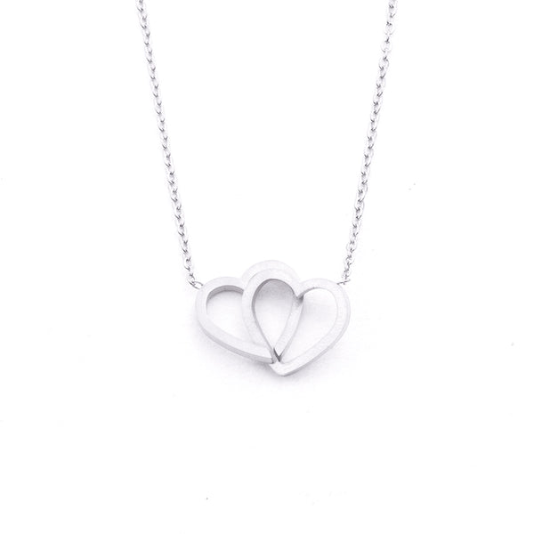 Silver - Stainless Steel Double Hearts Cutout Mini Dainty Minimalist Necklace