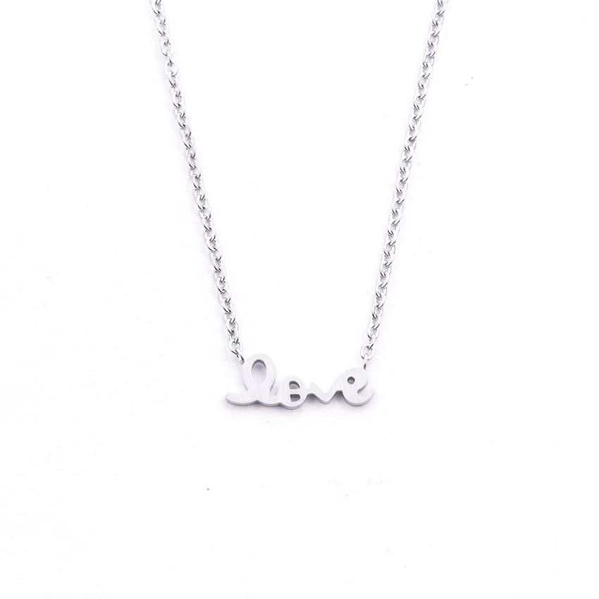 Silver - Stainless Steel Love Script Cutout Mini Dainty Minimalist Necklace