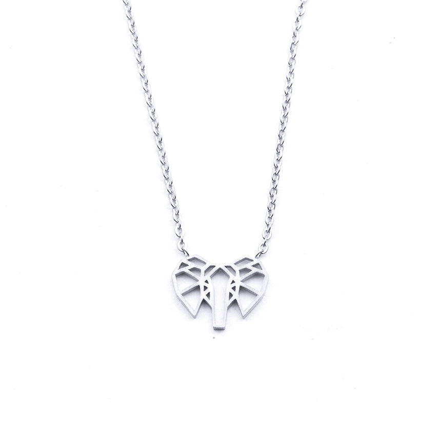 Silver - Stainless Steel Geometric Origami Elephant Cutout Mini Dainty Minimalist Necklace