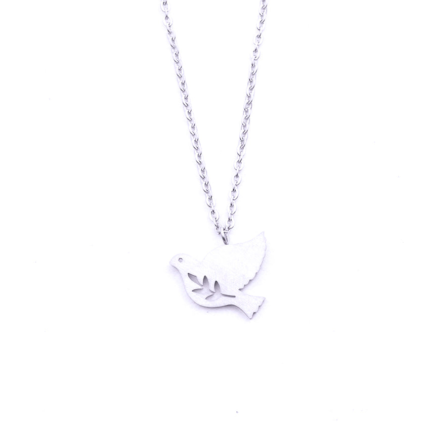 Silver - Stainless Steel Peace Dove Bird Cutout Mini Dainty Minimalist Necklace