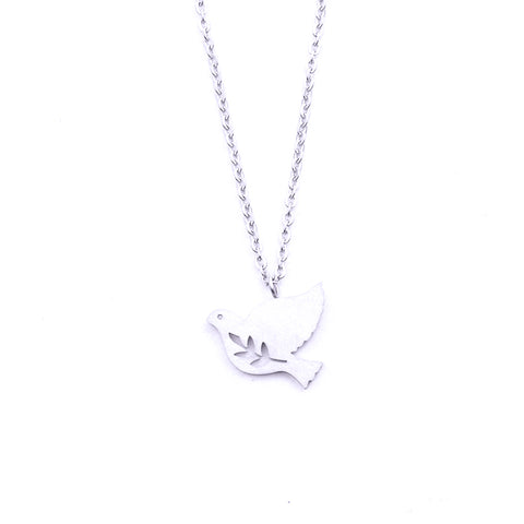 Silver - Stainless Steel Peace Dove Bird Cutout Mini Dainty Minimalist Necklace