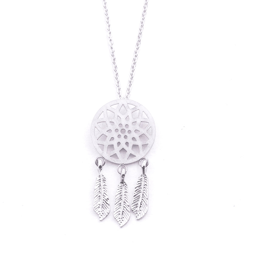 Silver - Stainless Steel Boho Dream Catcher Cutout Mini Dainty Minimalist Necklace