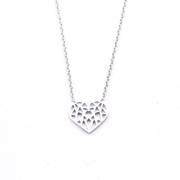Silver - Stainless Steel Origami Heart Cutout Mini Dainty Minimalist Necklace