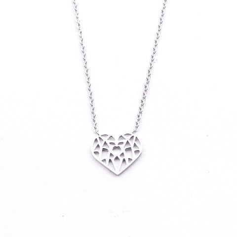 Silver - Stainless Steel Origami Heart Cutout Mini Dainty Minimalist Necklace