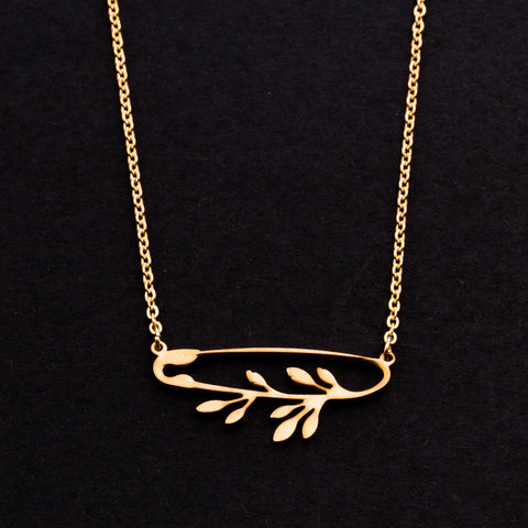 Rose Gold - Stainless Steel Safety Pin Leaves Branch Cutout Mini Dainty Minimalist Necklace