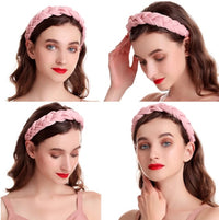 Model wearing a pink braided headband styled four ways, close-up on hair