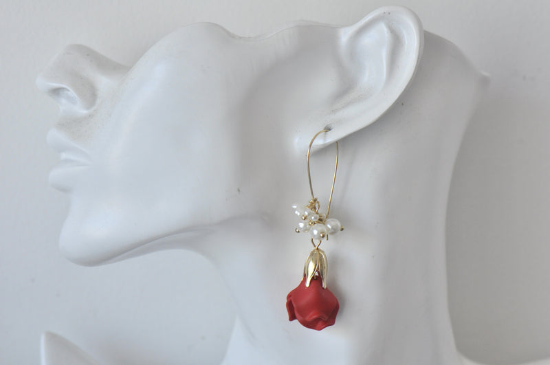 Red Rose Flower Love Faux Pearl Drop Dangle Earrings