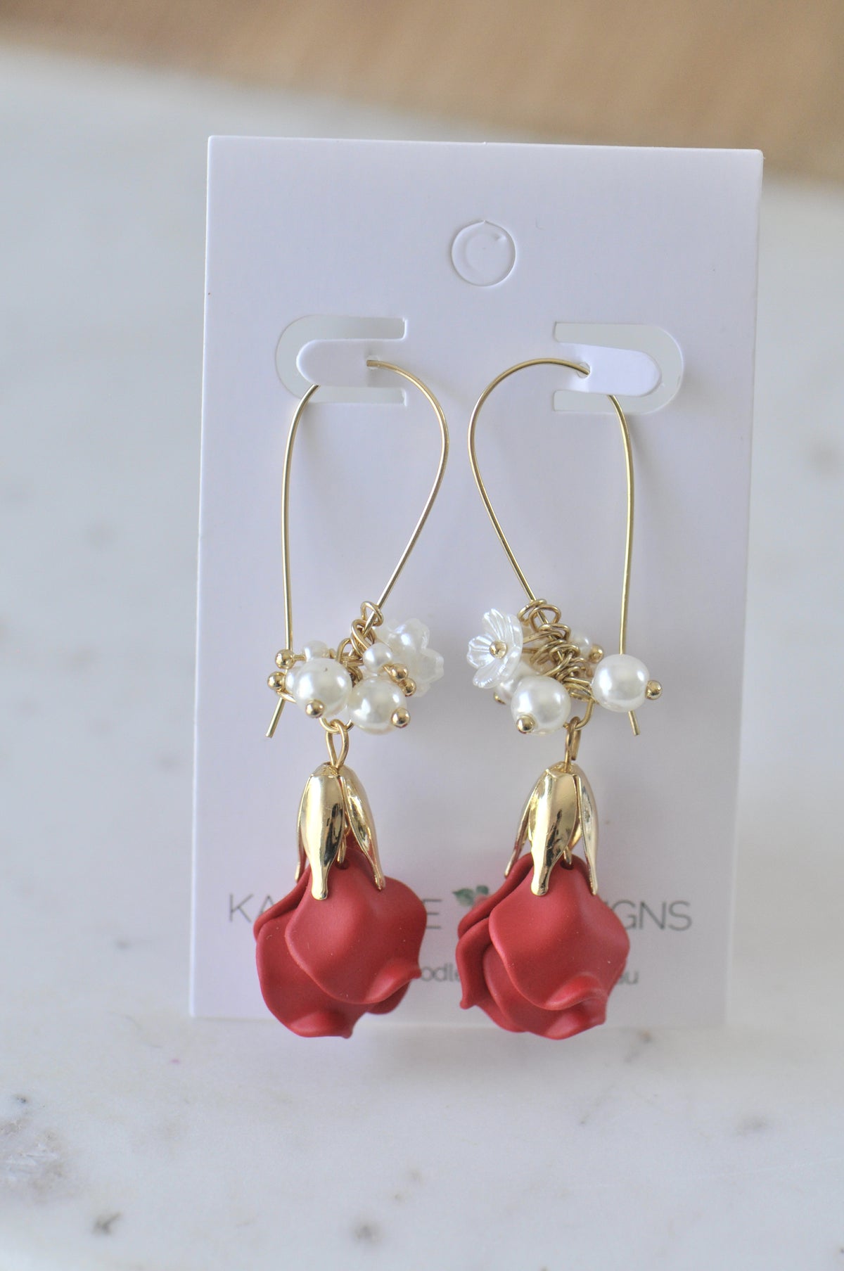 Red Rose Flower Love Faux Pearl Drop Dangle Earrings