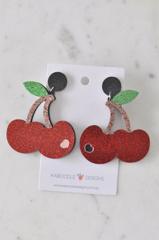 Acrylic Glitter Red Cherry Cherries Drop Dangle Earrings
