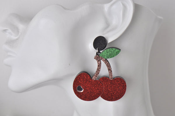 Acrylic Glitter Red Cherry Cherries Drop Dangle Earrings