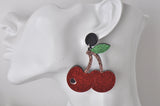 Acrylic Glitter Red Cherry Cherries Drop Dangle Earrings