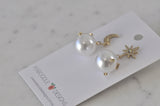 Celestial Star Planet Moon Faux Pearl Gold Rhinestone Diamonte Drop Dangle Earrings