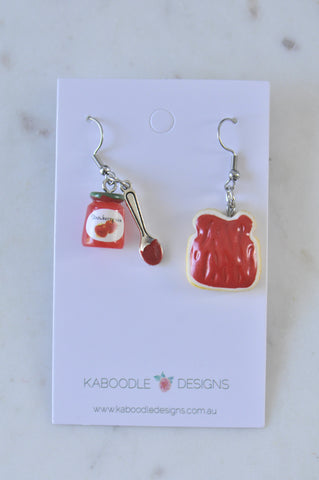 Breakfast Strawberry Jam Toast Jar Spoon Drop Dangle Earrings