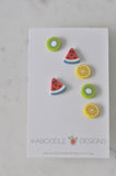 Set of 3 Miniature Watermelon Lemon Kiwi Fruit Stud Earrings