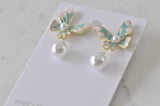 Butterfly Faux Pearl Enamel Novelty Fun Drop  Stud Earrings