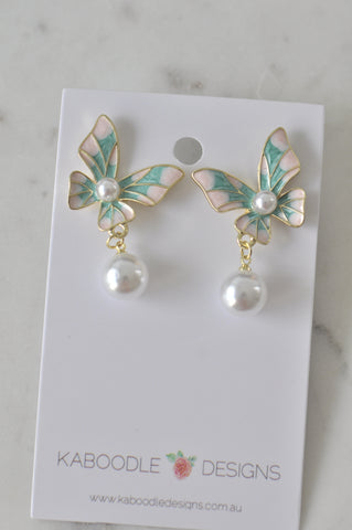 Butterfly Faux Pearl Enamel Novelty Fun Drop  Stud Earrings