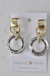 Pair of gold hoop and faceted circle drop earrings on Kaboodle Designs card