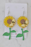 Acrylic Sunflower and Bee Drop Dangle Earrings