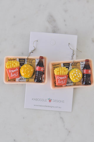 Novelty Takeaway Fastfood French Fries Burger and Soft Drink Drop Dangle Earrings