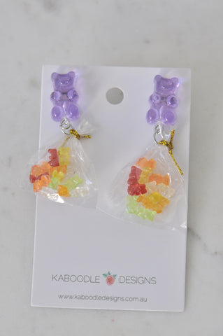 Bag of Candy Gummy Bear Cluster Dangle Drop Earrings