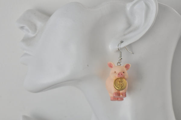 Novelty Piggy Bank Pig With Gold Coin Drop Dangle Earrings