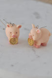 Novelty Piggy Bank Pig With Gold Coin Drop Dangle Earrings