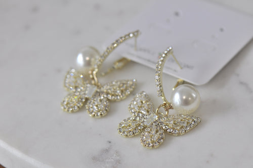 Butterfly Rhinestone Diamonte Faux Pearl Hoop Dangle Earrings