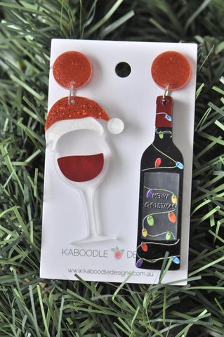 *** Acrylic Christmas Red Wine Santa Hats and Lights Novelty Drop Dangle Earrings