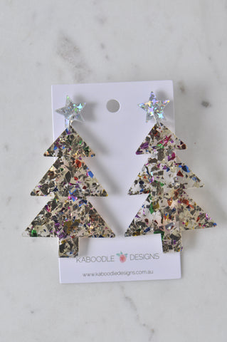 Acrylic Christmas Merry Christmas Xmas Tree Drop Dangle Earrings - Glitter Gold