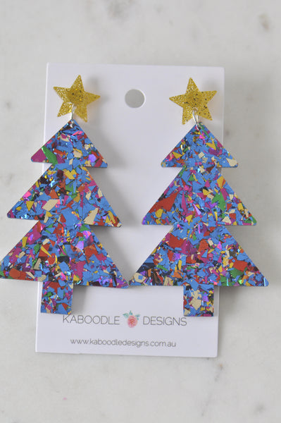 Acrylic Christmas Merry Christmas Xmas Tree Drop Dangle Earrings - Glitter Purple