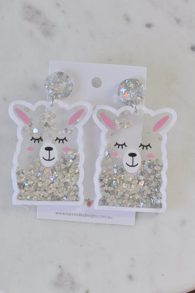 Acrylic Animal Llama Alpaca No Drama Llama Glitter Shaker Drop Dangle Earrings