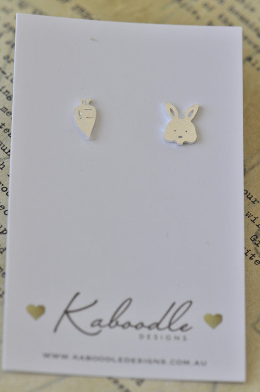 Silver - Stainless Steel Rabbit and Carrot Cutout Mini Dainty Minimalist Stud Earrings