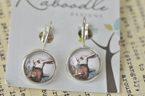 Vintage Inspired Handmade Alice In Wonderland White Rabbit Round Clip Dangle Earrings CDE19