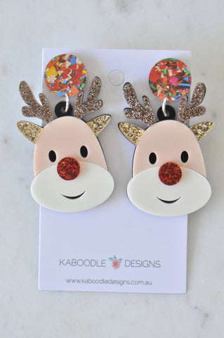 Acrylic Christmas Rudolf Reindeer Red Nose Xmas Drop Earrings