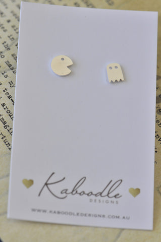 Silver - Stainless Steel Pac Man Cutout Mini Dainty Minimalist Stud Earrings