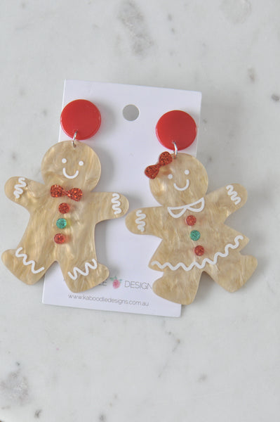 Acrylic Christmas Gingerbread Man and Woman with Santa Hat Cookie Drop Dangle Earrings
