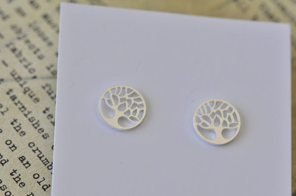 Silver - Stainless Steel Tree of Life Cutout Mini Dainty Minimalist Stud Earrings