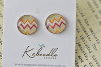 Round chevron pattern stud earrings in mustard, red and cream on Kaboodle Designs card